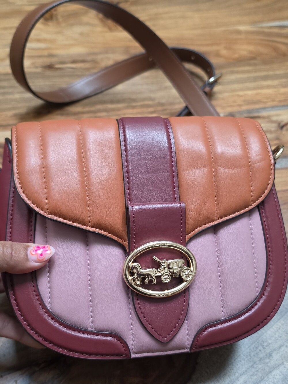 Coach Georgie Saddle Bag With Colorblock Puffy Quilting Gold/Pink Multi - Picture 2 of 8